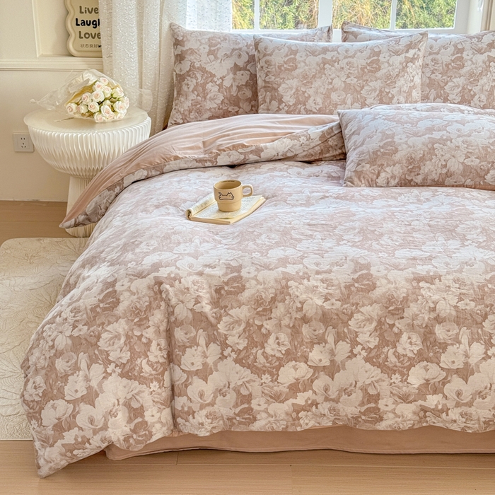 91家纺网 家纺一手货源 找家纺 疆东 疆东2026新款60支A类全棉长绒棉纯棉色织大提花四件套水洗全棉纯棉厚织色织提花肌理被套四件套单品 春序咖