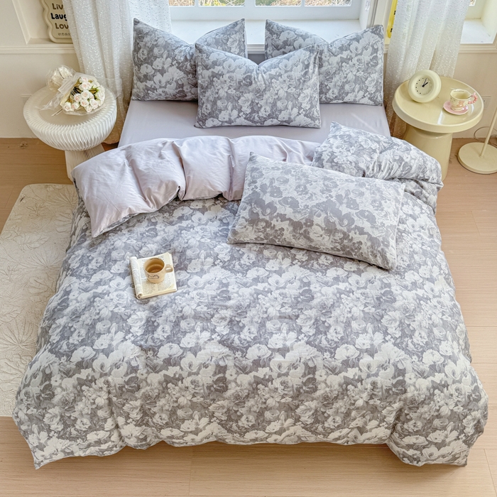 91家纺网 家纺一手货源 找家纺 疆东 疆东2026新款60支A类全棉长绒棉纯棉色织大提花四件套水洗全棉纯棉厚织色织提花肌理被套四件套单品 春序灰