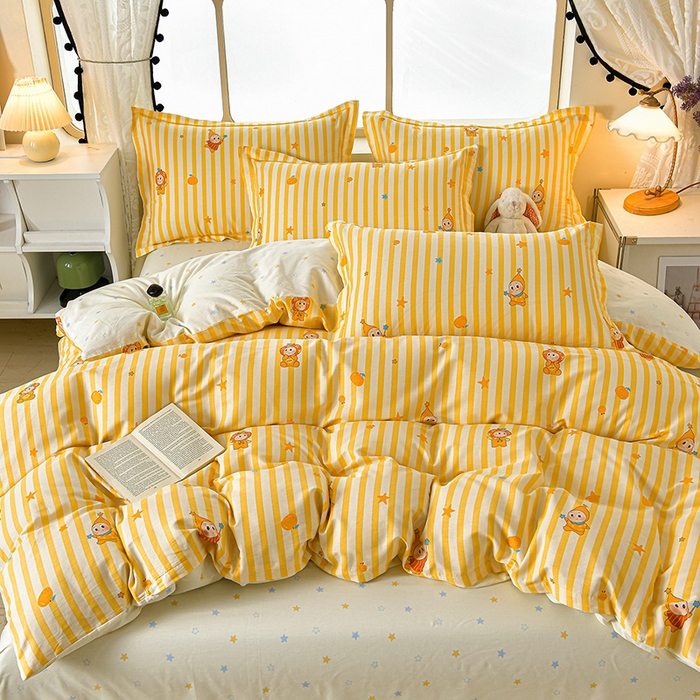 91家纺网 家纺一手货源 找家纺 绘萱家居 2026直播爆款一字绣吊边款纯棉100%全棉四件套印花百分百（喷气高品质）条纹萌星