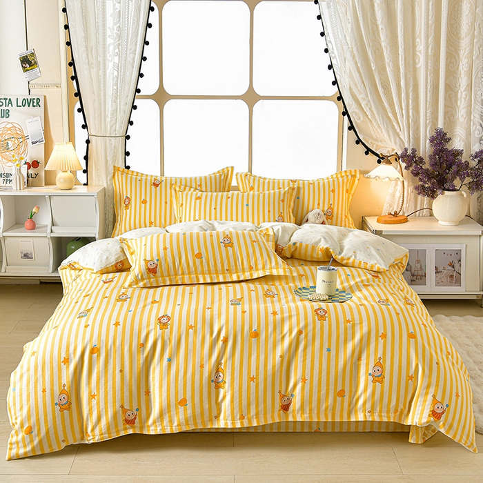 91家纺网 家纺一手货源 找家纺 绘萱家居 2026直播爆款一字绣吊边款纯棉100%全棉四件套印花百分百（喷气高品质）条纹萌星