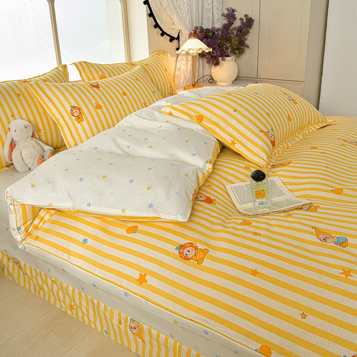 91家纺网 家纺一手货源 找家纺 绘萱家居 2026直播爆款一字绣吊边款纯棉100%全棉四件套印花百分百（喷气高品质）条纹萌星