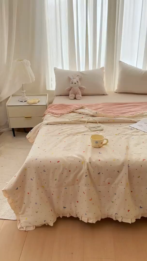 91家纺网 家纺一手货源 找家纺 （总）2026高端法式韩版花边A类母婴级印花全棉双层纱单夏被子清新公主风荷叶边纯棉双层纱夏凉被空调被春秋被