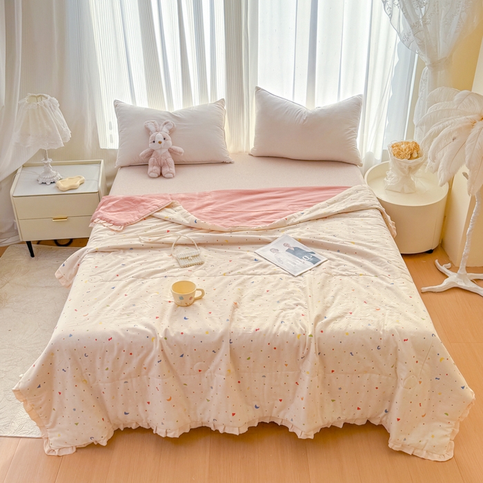 91家纺网 家纺一手货源 找家纺 （总）2026高端法式韩版花边A类母婴级印花全棉双层纱单夏被子清新公主风荷叶边纯棉双层纱夏凉被空调被春秋被