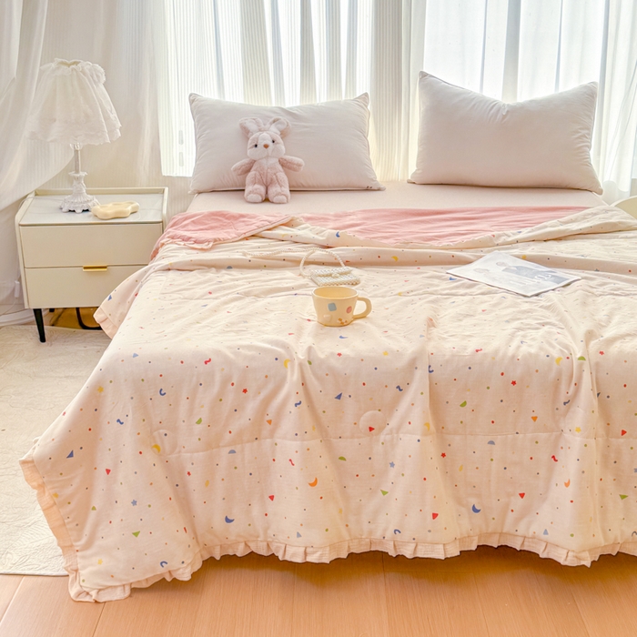 91家纺网 家纺一手货源 找家纺 （总）2026高端法式韩版花边A类母婴级印花全棉双层纱单夏被子清新公主风荷叶边纯棉双层纱夏凉被空调被春秋被