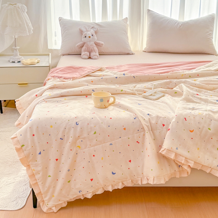 91家纺网 家纺一手货源 找家纺 （总）2026高端法式韩版花边A类母婴级印花全棉双层纱单夏被子清新公主风荷叶边纯棉双层纱夏凉被空调被春秋被