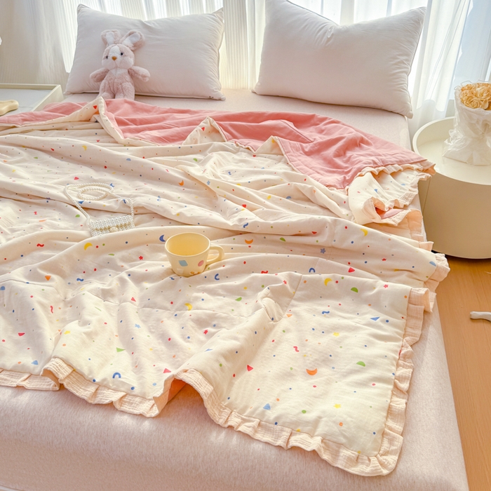 91家纺网 家纺一手货源 找家纺 （总）2026高端法式韩版花边A类母婴级印花全棉双层纱单夏被子清新公主风荷叶边纯棉双层纱夏凉被空调被春秋被