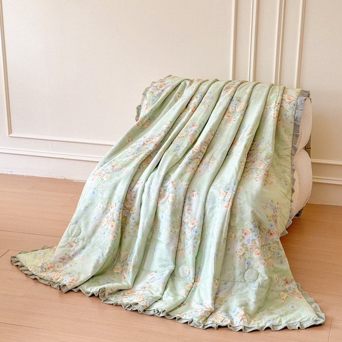 91家纺网 家纺一手货源 找家纺 疆东 2026新款韩版花边A类全棉双层纱单夏被 配包装 月光蔷薇