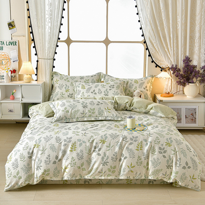 91家纺网 家纺一手货源 找家纺 绘萱家居 2026直播爆款一字绣吊边款纯棉100%全棉四件套印花百分百（喷气高品质）夏槿-绿