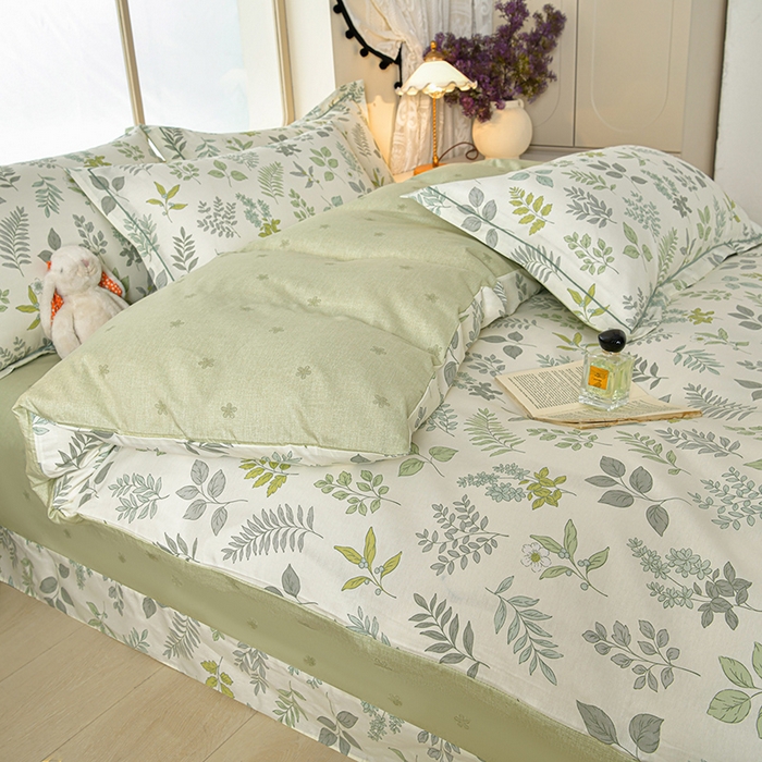 91家纺网 家纺一手货源 找家纺 绘萱家居 2026直播爆款一字绣吊边款纯棉100%全棉四件套印花百分百（喷气高品质）夏槿-绿