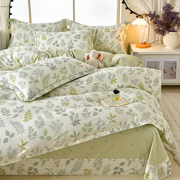 91家纺网 家纺一手货源 找家纺 绘萱家居 2026直播爆款一字绣吊边款纯棉100%全棉四件套印花百分百（喷气高品质）夏槿-绿