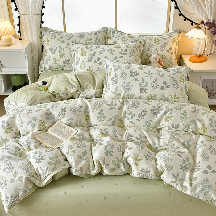 91家纺网 家纺一手货源 找家纺 绘萱家居 2026直播爆款一字绣吊边款纯棉100%全棉四件套印花百分百（喷气高品质）夏槿-绿