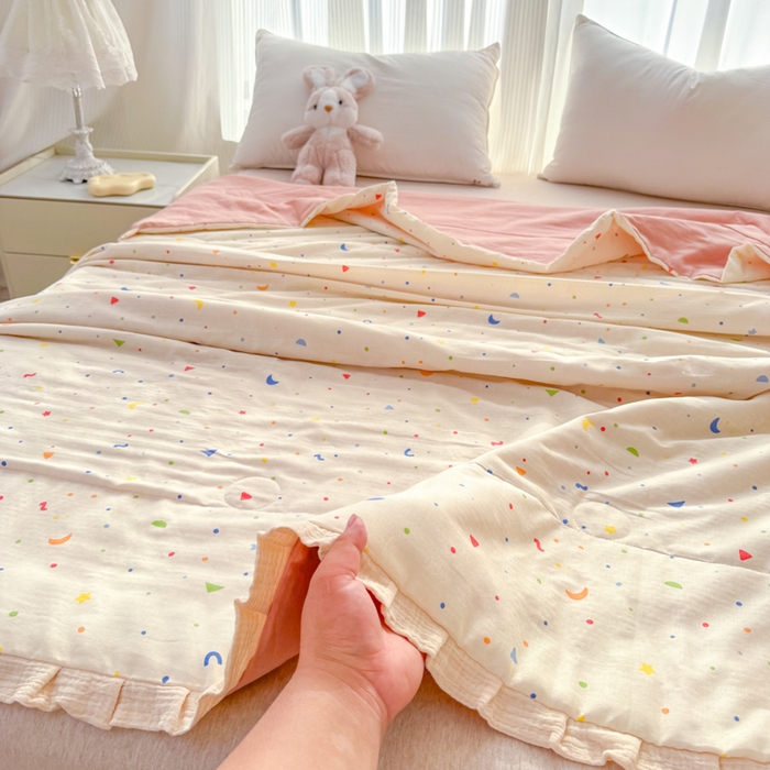 91家纺网 家纺一手货源 找家纺 疆东 2026新款韩版花边A类全棉双层纱单夏被 配包装 彩虹