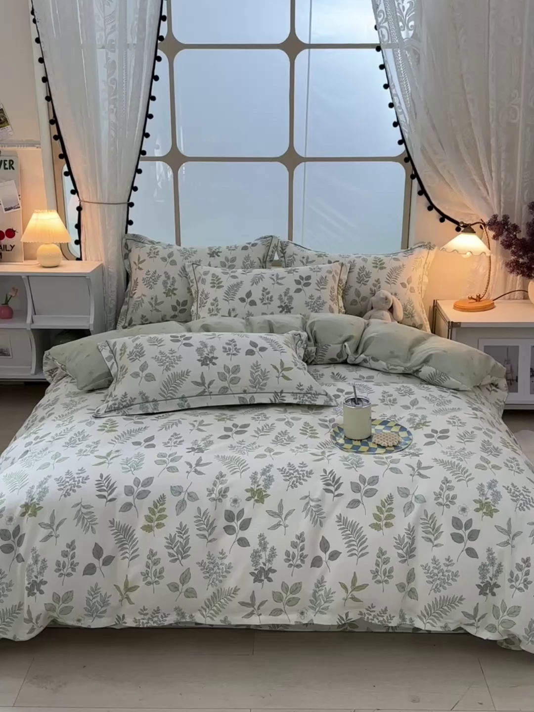 91家纺网 家纺一手货源 找家纺 绘萱家居 2026直播爆款一字绣吊边款纯棉100%全棉四件套印花百分百（喷气高品质）夏槿-绿