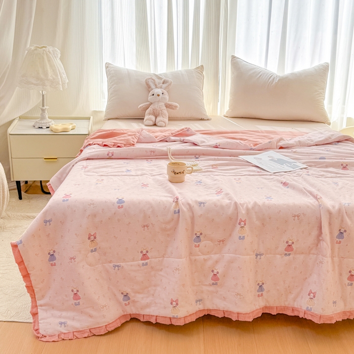 91家纺网 家纺一手货源 找家纺 疆东 2026新款韩版花边A类全棉双层纱单夏被 配包装 蝴蝶结女孩