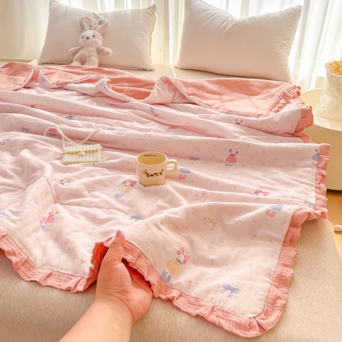 91家纺网 家纺一手货源 找家纺 疆东 2026新款韩版花边A类全棉双层纱单夏被 配包装 蝴蝶结女孩