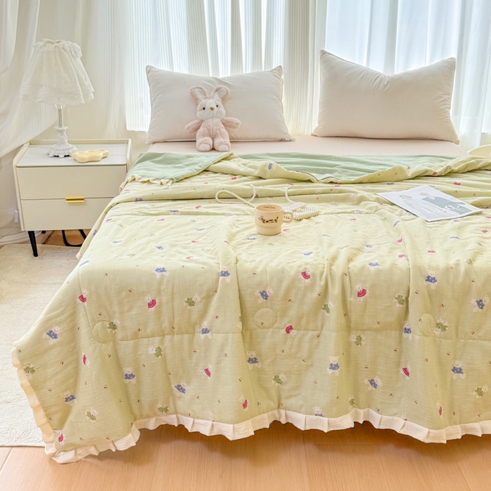 91家纺网 家纺一手货源 找家纺 疆东 2026新款韩版花边A类全棉双层纱单夏被 配包装 领带小熊