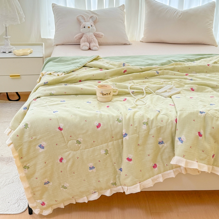 91家纺网 家纺一手货源 找家纺 疆东 2026新款韩版花边A类全棉双层纱单夏被 配包装 领带小熊