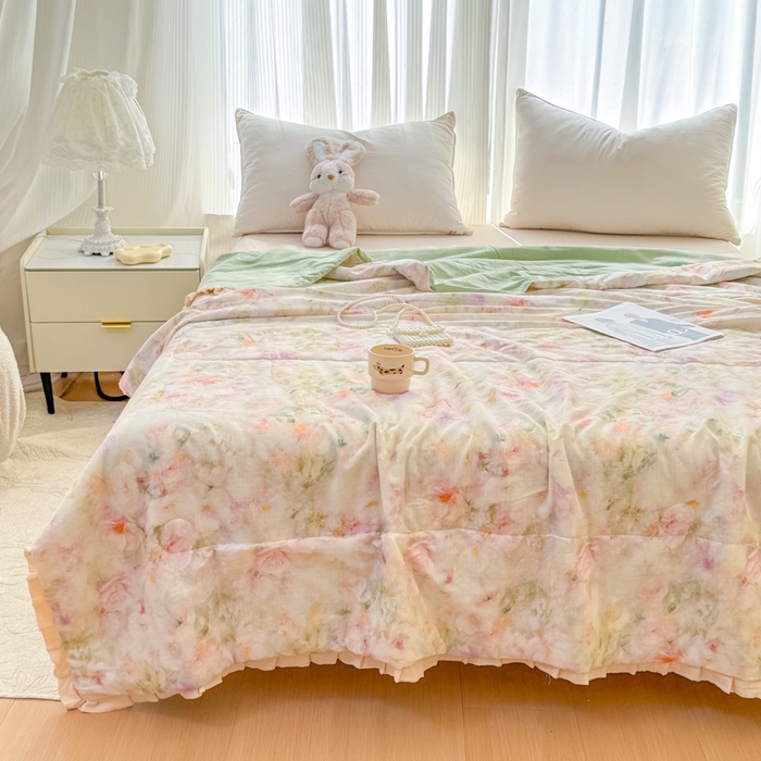 91家纺网 家纺一手货源 找家纺 疆东 2026新款韩版花边A类全棉双层纱单夏被 配包装 油画