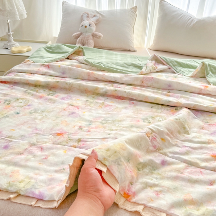 91家纺网 家纺一手货源 找家纺 疆东 2026新款韩版花边A类全棉双层纱单夏被 配包装 油画