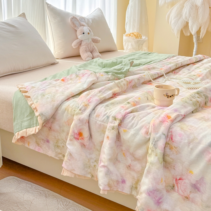 91家纺网 家纺一手货源 找家纺 疆东 2026新款韩版花边A类全棉双层纱单夏被 配包装 油画