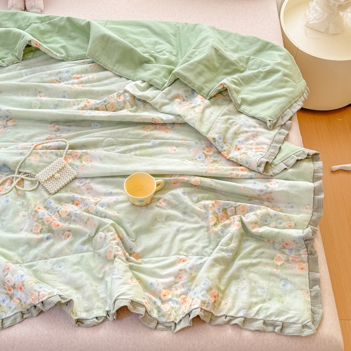 91家纺网 家纺一手货源 找家纺 疆东 2026新款韩版花边A类全棉双层纱单夏被 配包装 月光蔷薇