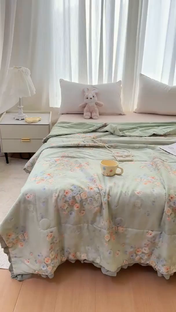 91家纺网 家纺一手货源 找家纺 疆东 2026新款韩版花边A类全棉双层纱单夏被 配包装 月光蔷薇