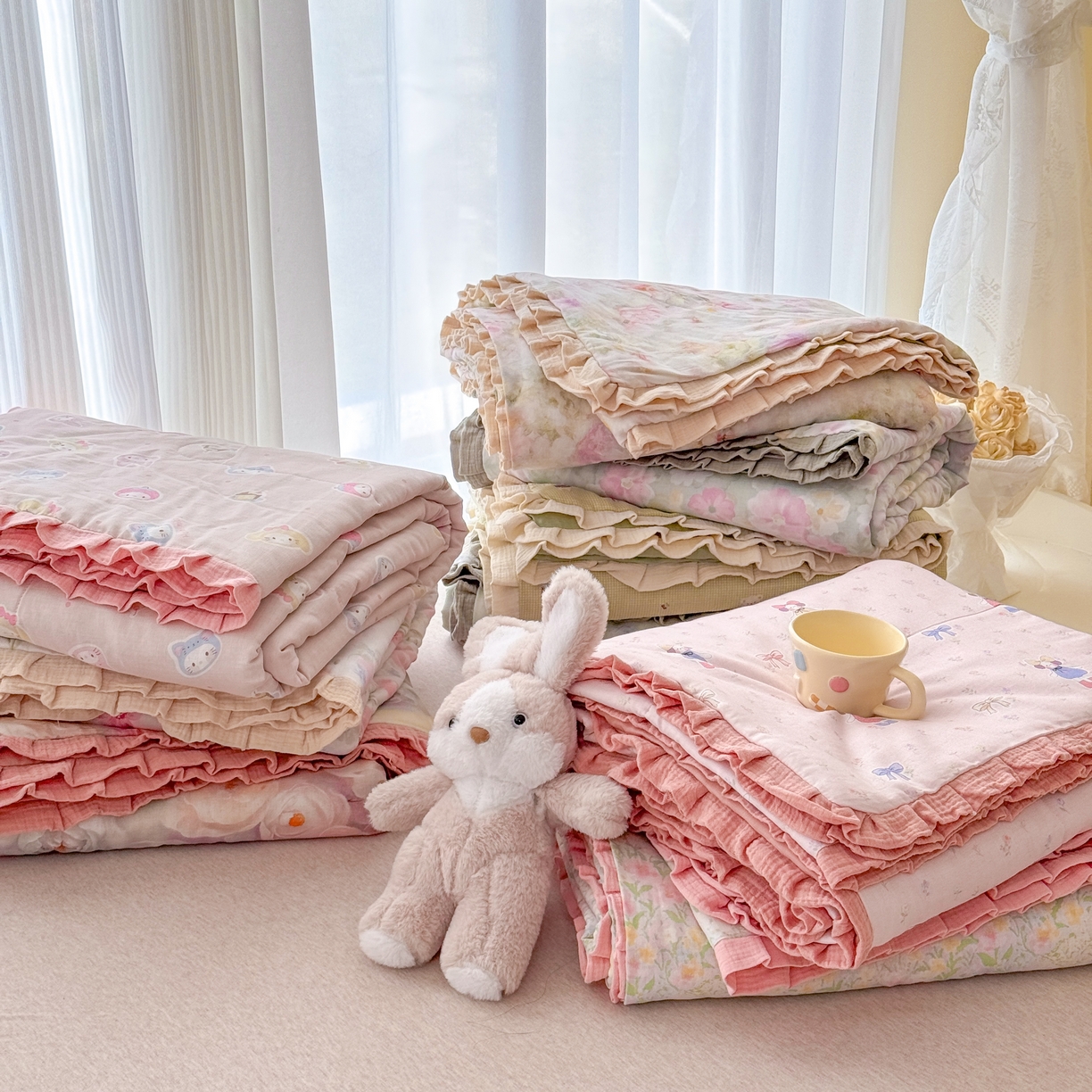 91家纺网 家纺一手货源 找家纺 疆东 2026新款韩版花边A类全棉双层纱单夏被 配包装 组合图