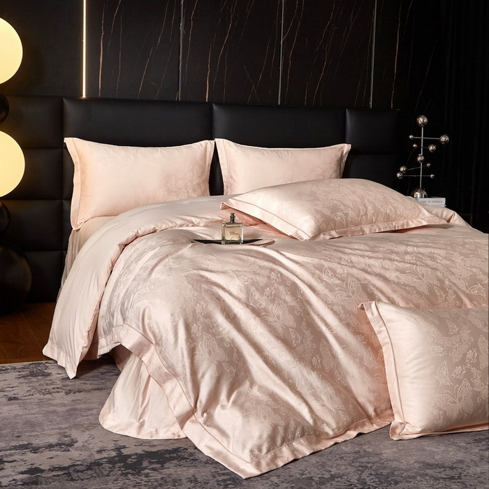 91家纺网 家纺一手货源 找家纺 金纱玉纺家纺 2026春夏新款全棉纯棉提花工艺四件套 蝶舞花恋-粉