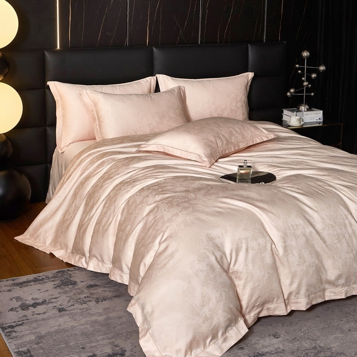 91家纺网 家纺一手货源 找家纺 金纱玉纺家纺 2026春夏新款全棉纯棉提花工艺四件套 蝶舞花恋-粉