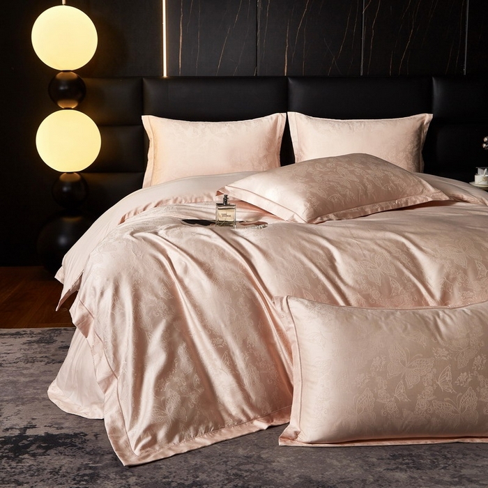 91家纺网 家纺一手货源 找家纺 金纱玉纺家纺 2026春夏新款全棉纯棉提花工艺四件套 蝶舞花恋-粉