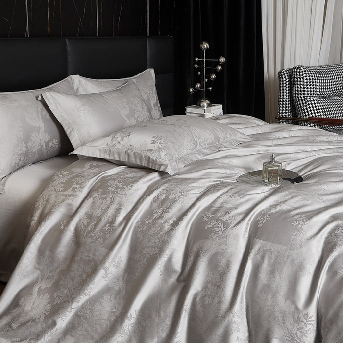 91家纺网 家纺一手货源 找家纺 金纱玉纺家纺 2026春夏新款全棉纯棉提花工艺四件套 宫廷花园-亚麻灰