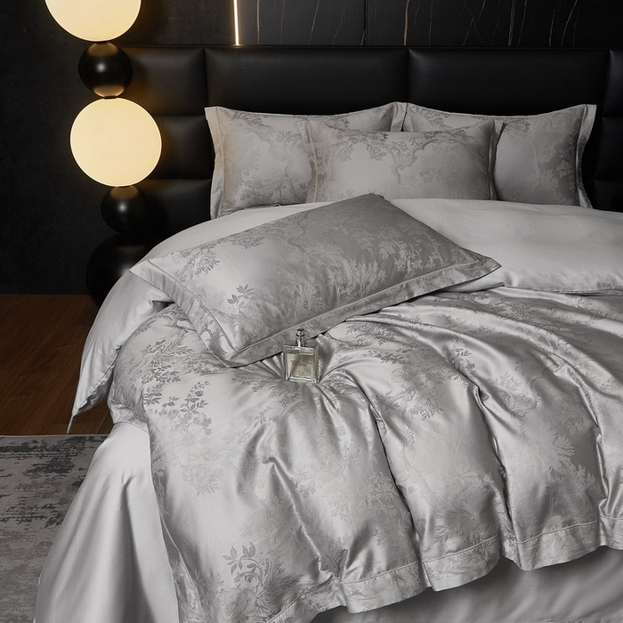 91家纺网 家纺一手货源 找家纺 金纱玉纺家纺 2026春夏新款全棉纯棉提花工艺四件套 宫廷花园-亚麻灰