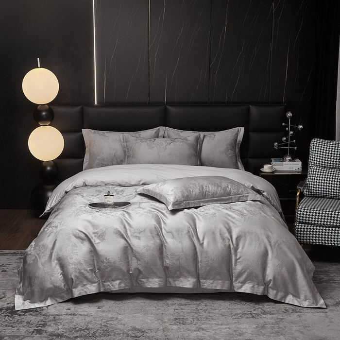 91家纺网 家纺一手货源 找家纺 金纱玉纺家纺 2026春夏新款全棉纯棉提花工艺四件套 宫廷花园-亚麻灰