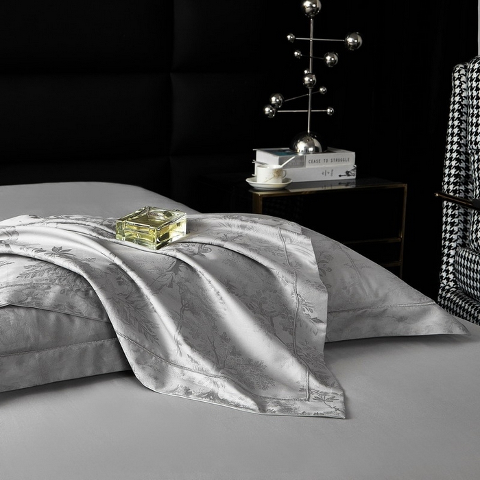 91家纺网 家纺一手货源 找家纺 金纱玉纺家纺 2026春夏新款全棉纯棉提花工艺四件套 宫廷花园-亚麻灰