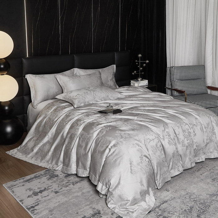 91家纺网 家纺一手货源 找家纺 金纱玉纺家纺 2026春夏新款全棉纯棉提花工艺四件套 宫廷花园-亚麻灰