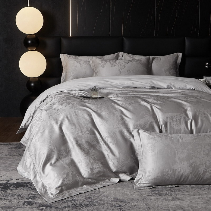 91家纺网 家纺一手货源 找家纺 金纱玉纺家纺 2026春夏新款全棉纯棉提花工艺四件套 宫廷花园-亚麻灰