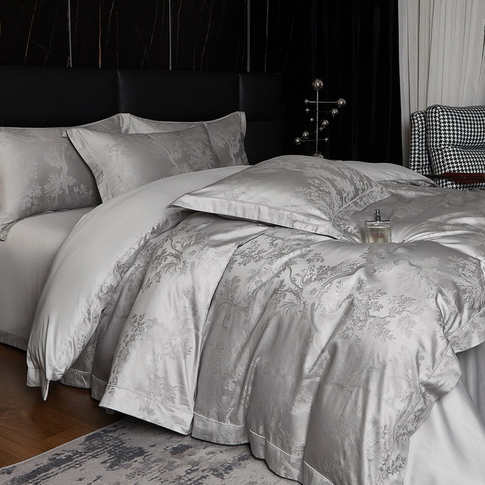 91家纺网 家纺一手货源 找家纺 金纱玉纺家纺 2026春夏新款全棉纯棉提花工艺四件套 宫廷花园-亚麻灰