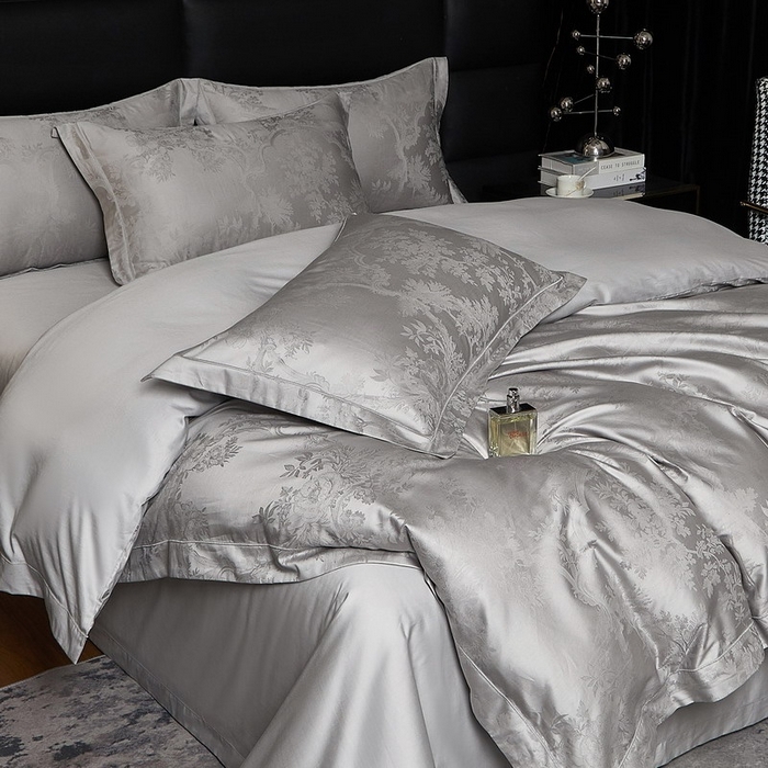 91家纺网 家纺一手货源 找家纺 金纱玉纺家纺 2026春夏新款全棉纯棉提花工艺四件套 宫廷花园-亚麻灰