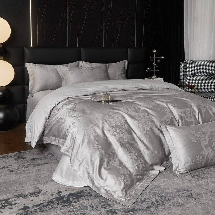 91家纺网 家纺一手货源 找家纺 金纱玉纺家纺 2026春夏新款全棉纯棉提花工艺四件套 宫廷花园-亚麻灰