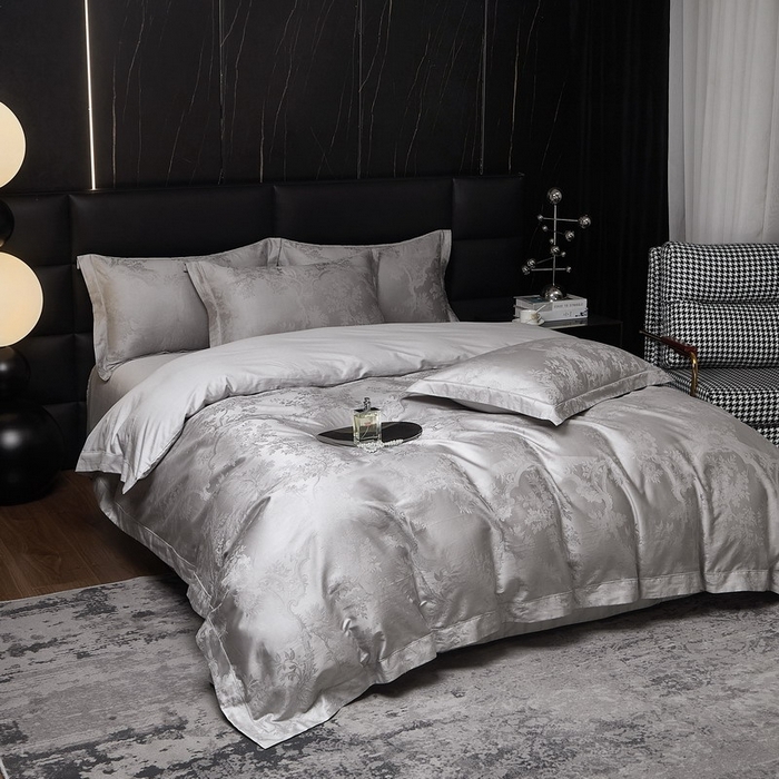 91家纺网 家纺一手货源 找家纺 金纱玉纺家纺 2026春夏新款全棉纯棉提花工艺四件套 宫廷花园-亚麻灰