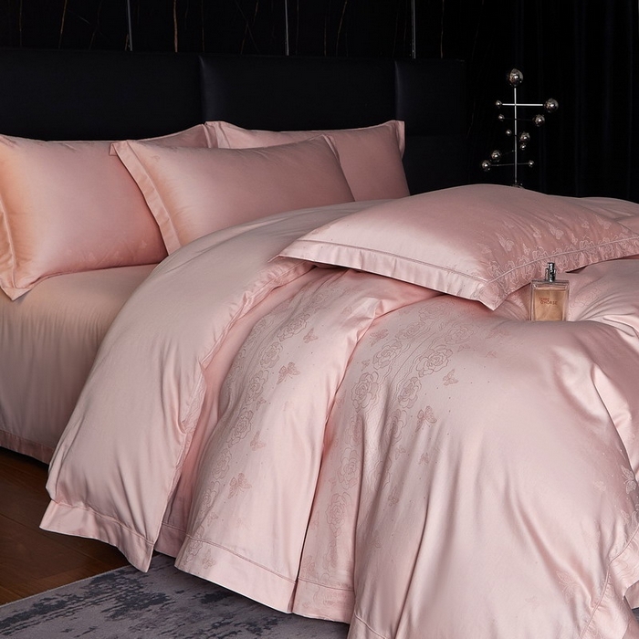 金纱玉纺家纺 2026春夏新款全棉纯棉提花工艺四件套 花间私语-初恋粉