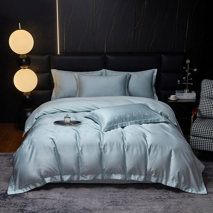 91家纺网 家纺一手货源 找家纺 金纱玉纺家纺 2026春夏新款全棉纯棉提花工艺四件套 花间私语-甜蓝