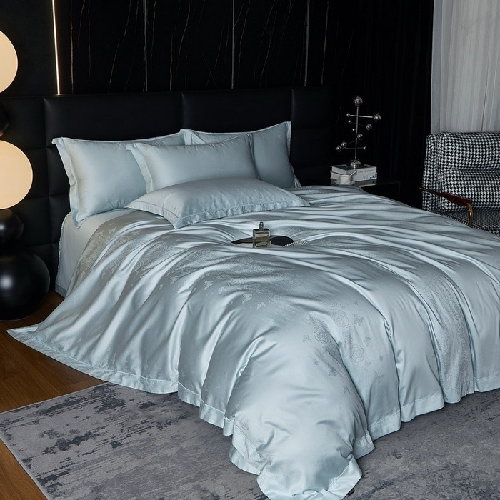 91家纺网 家纺一手货源 找家纺 金纱玉纺家纺 2026春夏新款全棉纯棉提花工艺四件套 花间私语-甜蓝