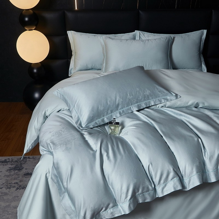 91家纺网 家纺一手货源 找家纺 金纱玉纺家纺 2026春夏新款全棉纯棉提花工艺四件套 花间私语-甜蓝