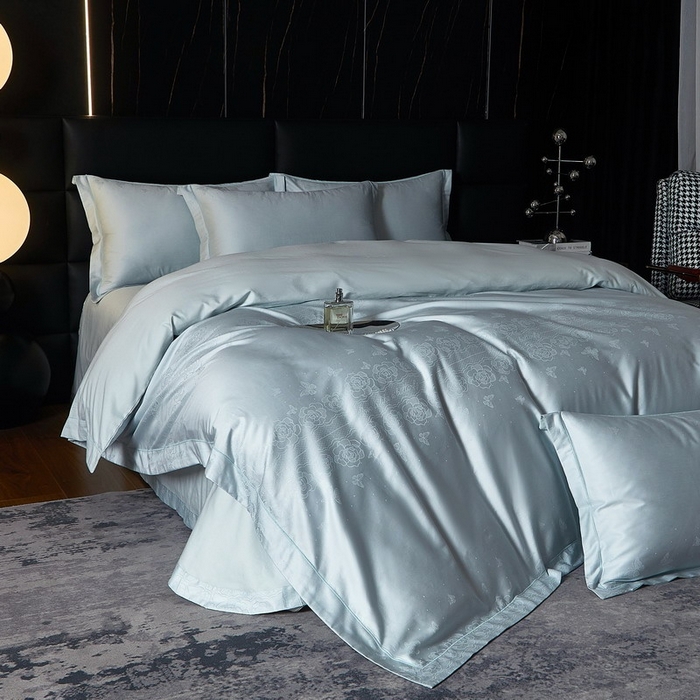 91家纺网 家纺一手货源 找家纺 金纱玉纺家纺 2026春夏新款全棉纯棉提花工艺四件套 花间私语-甜蓝