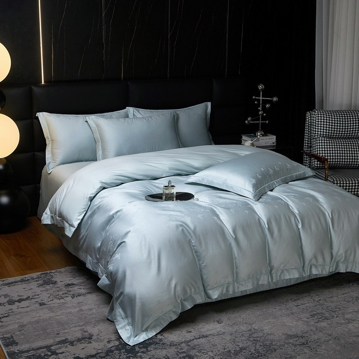 91家纺网 家纺一手货源 找家纺 金纱玉纺家纺 2026春夏新款全棉纯棉提花工艺四件套 花间私语-甜蓝