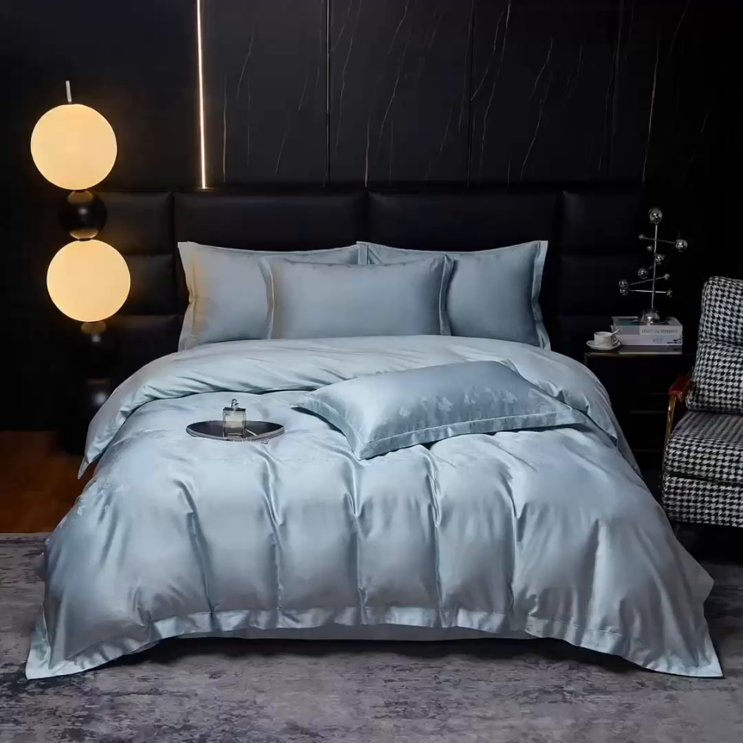 91家纺网 家纺一手货源 找家纺 金纱玉纺家纺 2026春夏新款全棉纯棉提花工艺四件套 花间私语-甜蓝