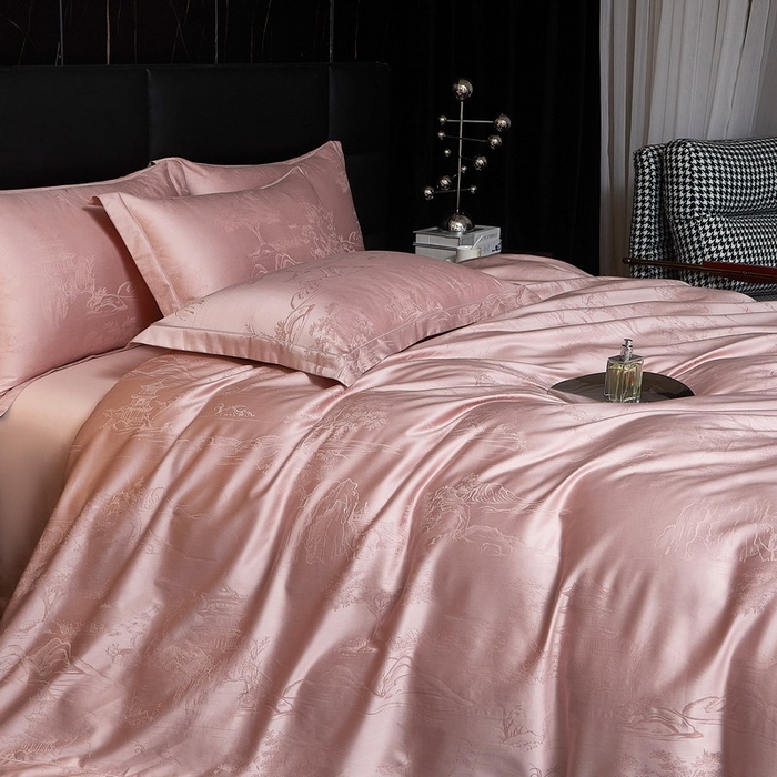 91家纺网 家纺一手货源 找家纺 金纱玉纺家纺 2026春夏新款全棉纯棉提花工艺四件套 墨韵山水-豆沙