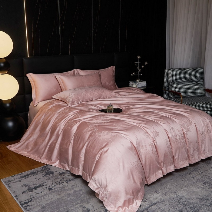 91家纺网 家纺一手货源 找家纺 金纱玉纺家纺 2026春夏新款全棉纯棉提花工艺四件套 墨韵山水-豆沙