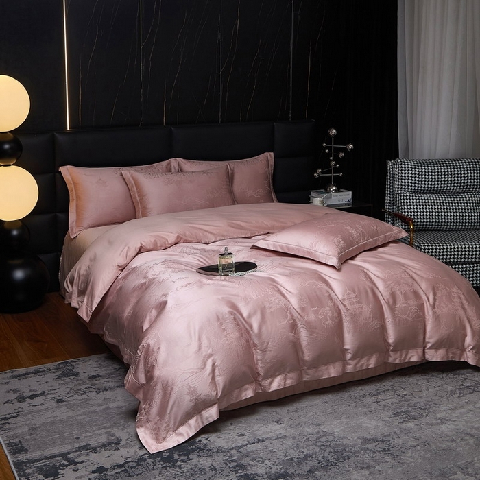 91家纺网 家纺一手货源 找家纺 金纱玉纺家纺 2026春夏新款全棉纯棉提花工艺四件套 墨韵山水-豆沙